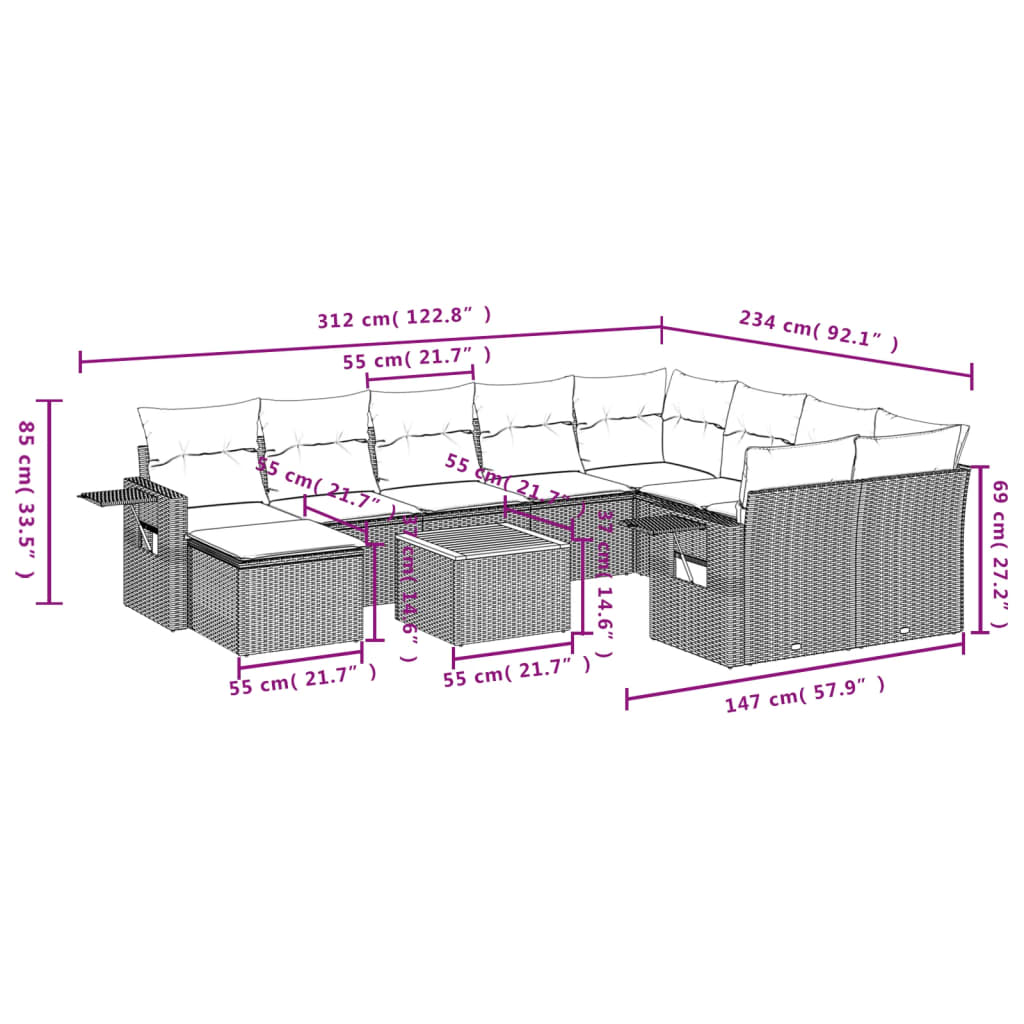 Set Divani da Giardino 11 pz con Cuscini in Polyrattan Grigio 3257187