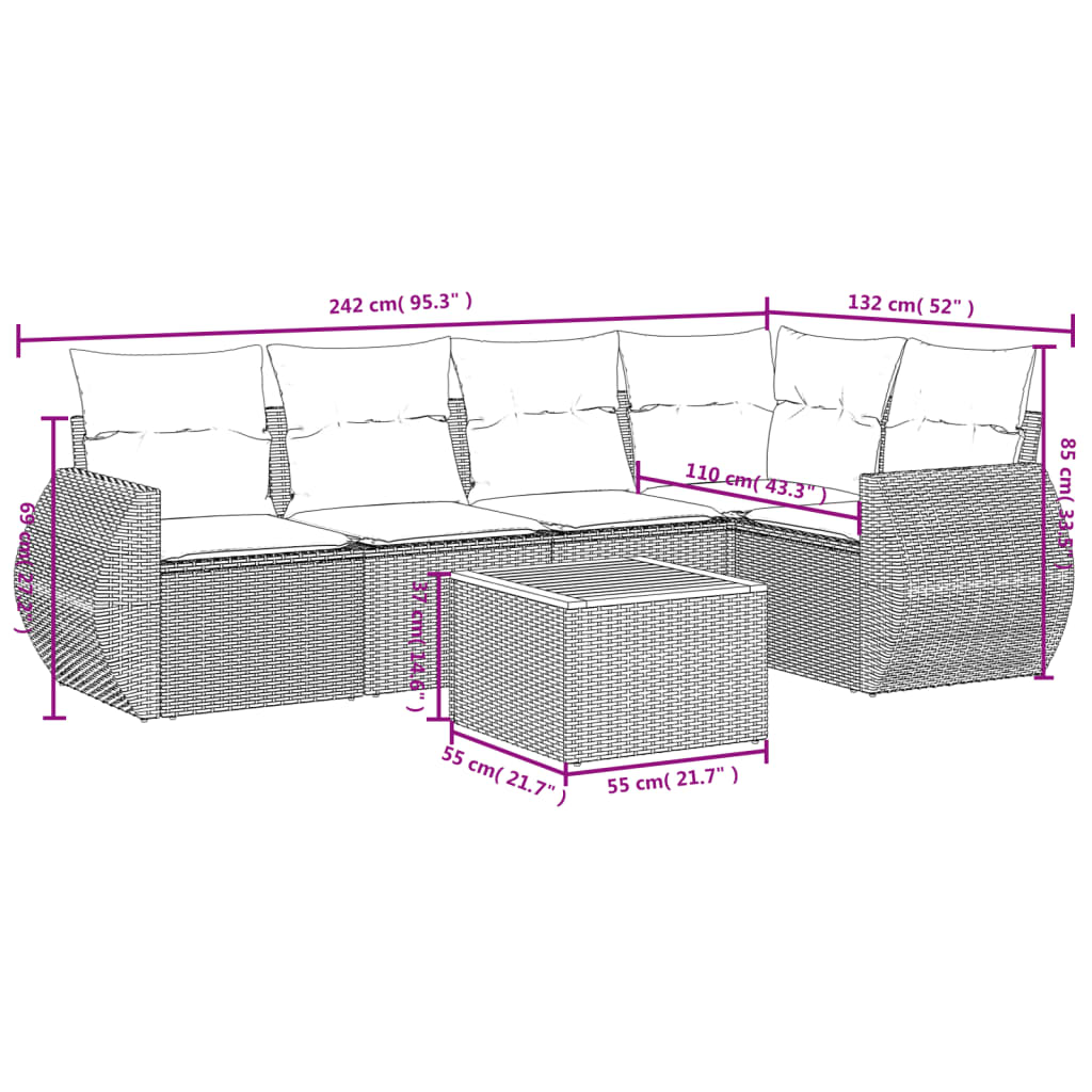 Set Divano da Giardino 6 pz con Cuscini Beige in Polyrattan 3257326