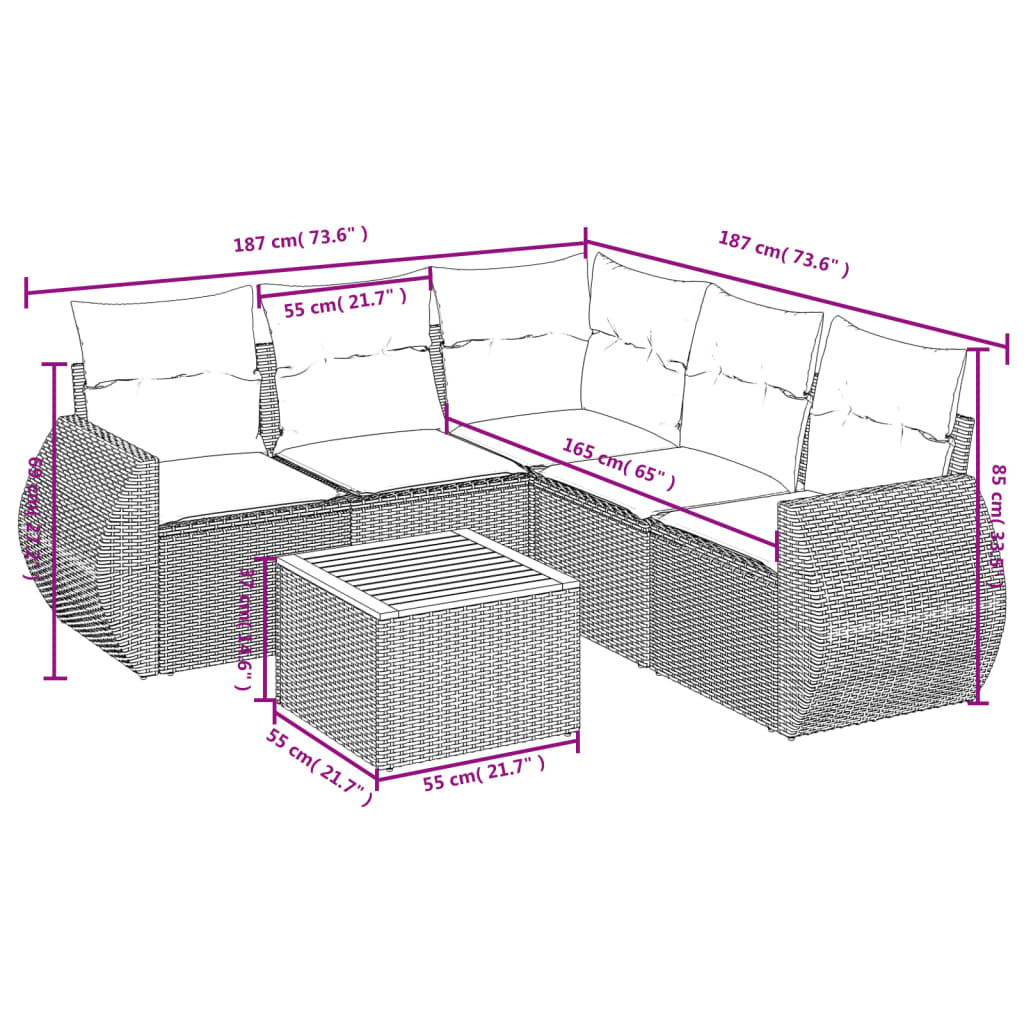 Set Divano da Giardino 6 pz con Cuscini Nero in Polyrattan 3257330