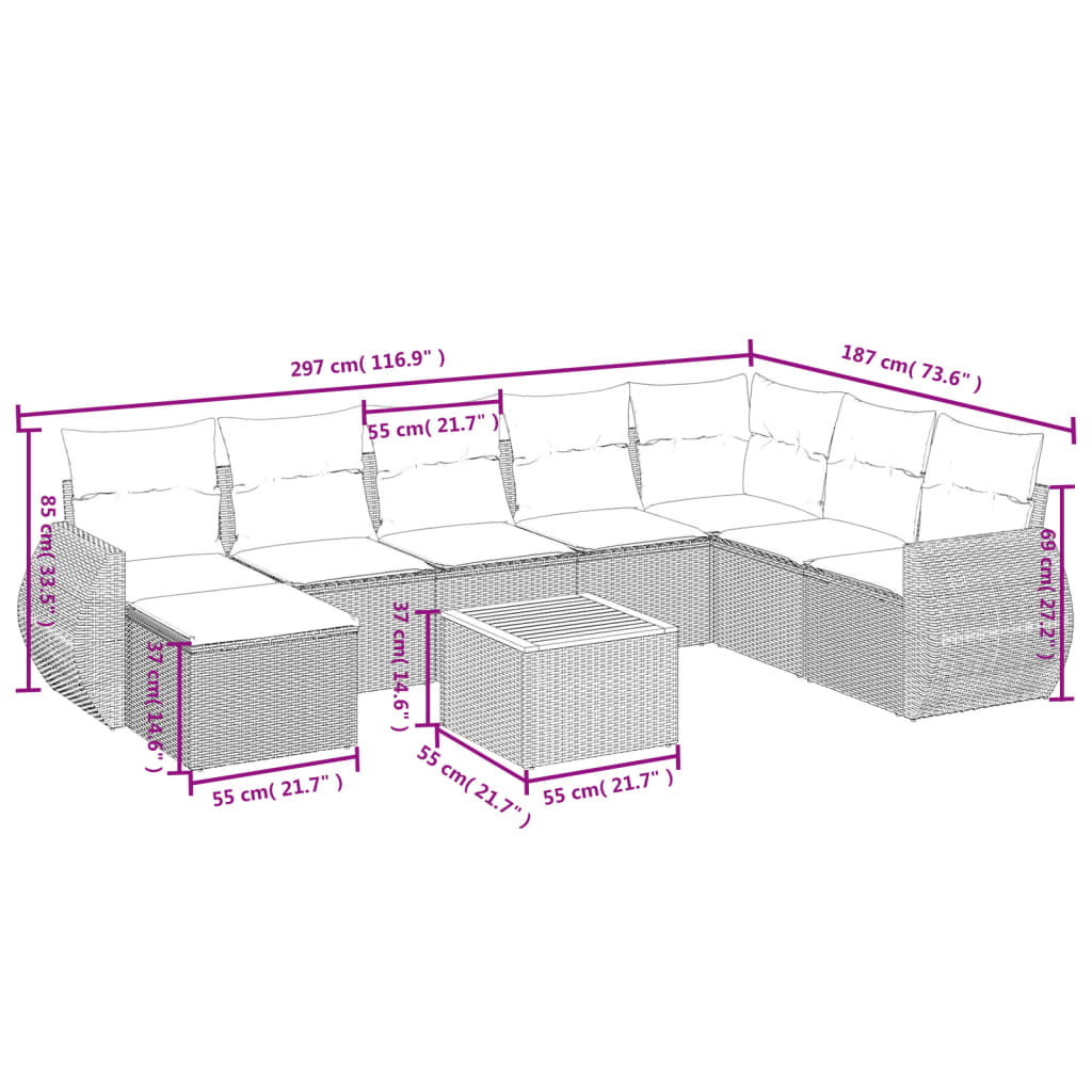 Set Divani da Giardino 9 pz con Cuscini Nero in Polyrattan 3257470