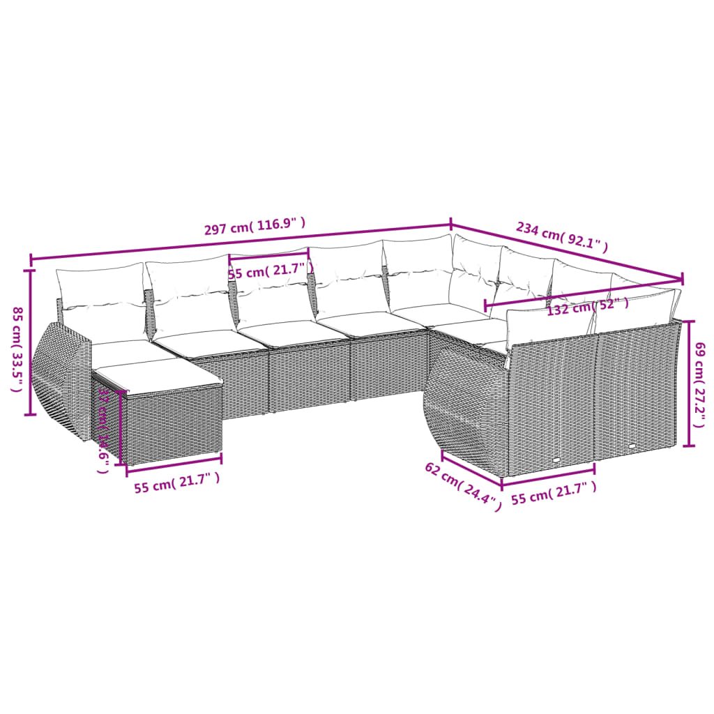 Set Divano da Giardino 10 pz con Cuscini Beige in Polyrattan 3257501