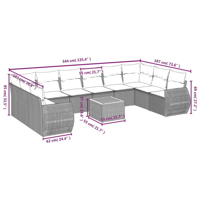 Set Divani da Giardino 11 pz con Cuscini in Polyrattan Nero 3257505