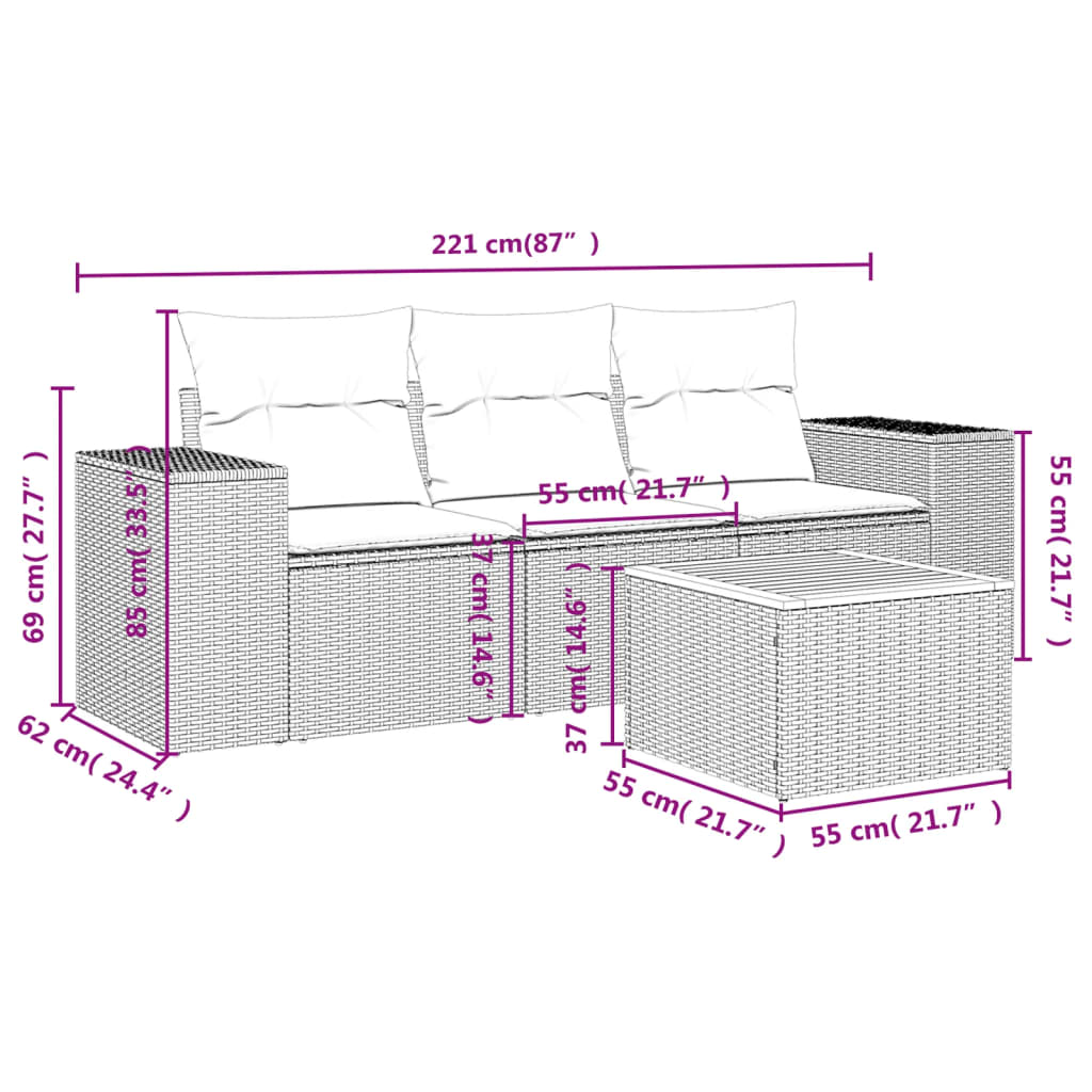 Set Divani da Giardino 4 pz con Cuscini Nero in Polyrattan 3257644