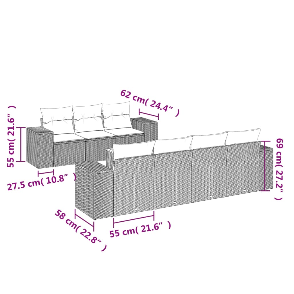 Set Divani da Giardino con Cuscini 8 pz Nero in Polyrattan 3257679