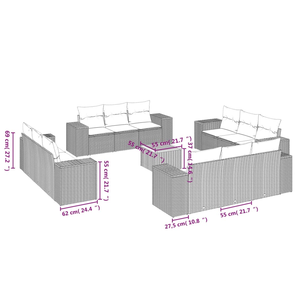 Set Divani da Giardino 13 pz con Cuscini Grigio in Polyrattan 3257712