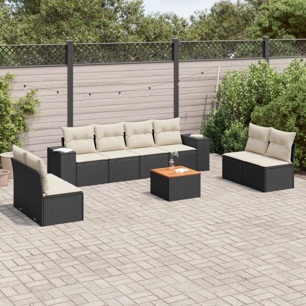 Set Divani da Giardino 9 pz con Cuscini Nero in Polyrattan 3257736