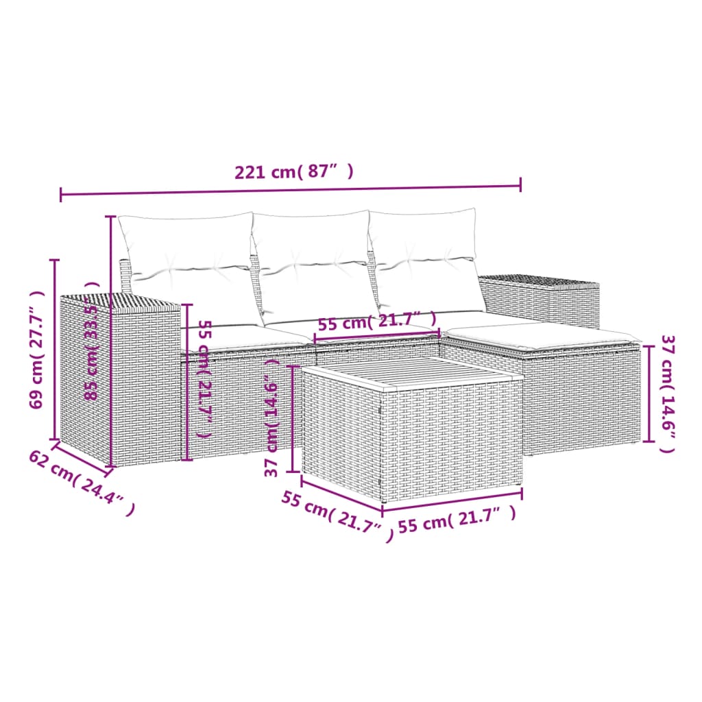 Set Divani da Giardino 5 pz con Cuscini in Polyrattan Nero 3257743