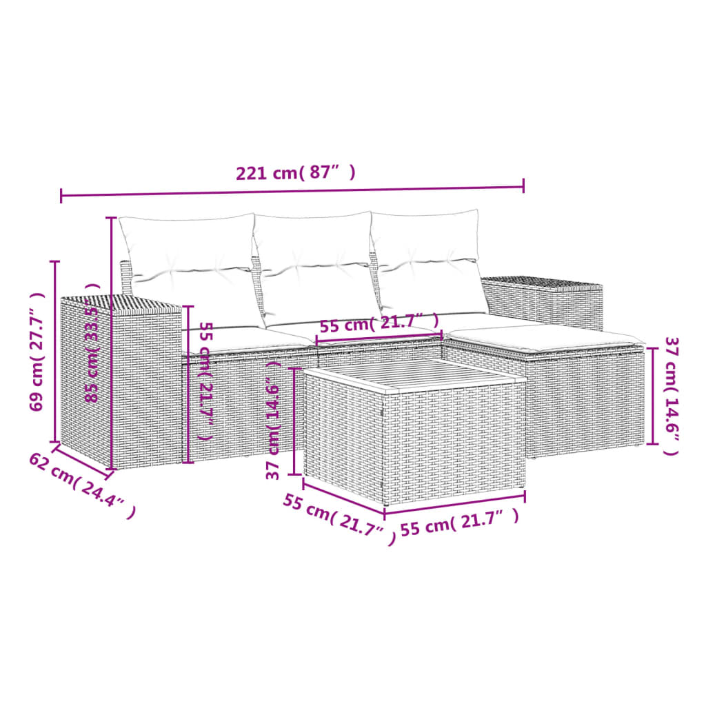 Set Divano da Giardino 5 pz con Cuscini Beige in Polyrattancod mxl 111863