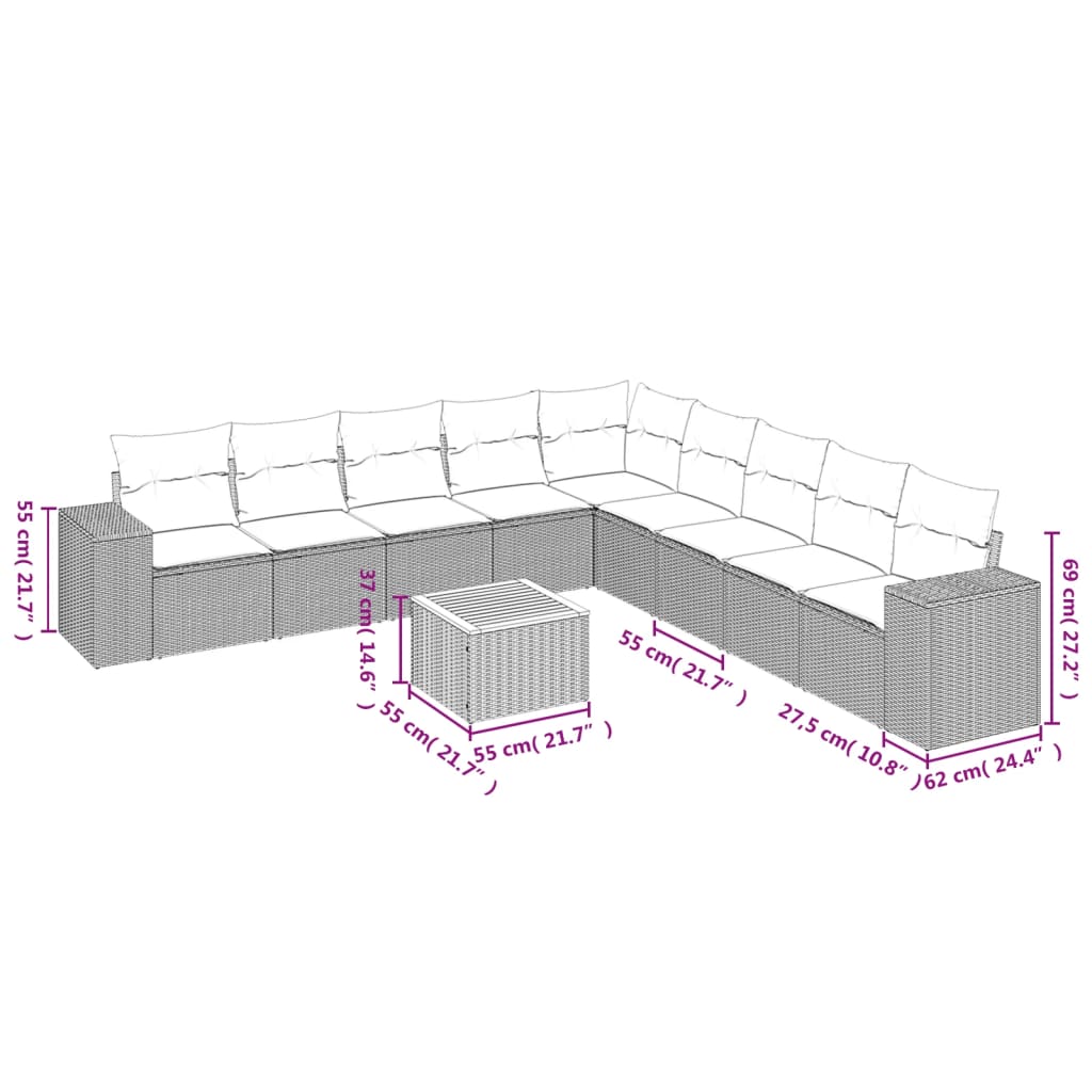 Set Divani da Giardino 10pz con Cuscini in Polyrattan Nero 3257819