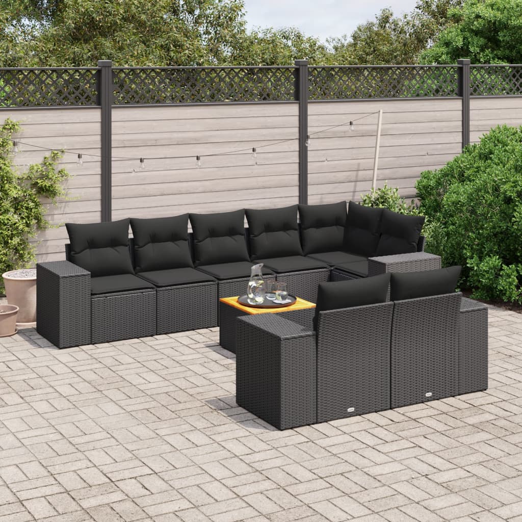 Set Divani da Giardino 9 pz con Cuscini Nero in Polyrattan 3257861