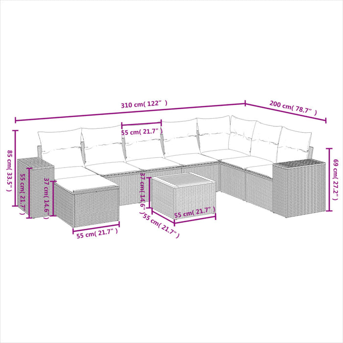 Set Divani da Giardino 9 pz con Cuscini Nero in Polyrattan 3257911