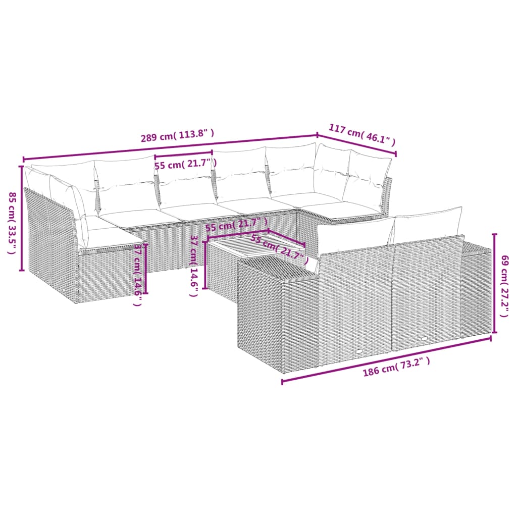 Set Divani da Giardino 10pz con Cuscini in Polyrattan Nerocod mxl 113631