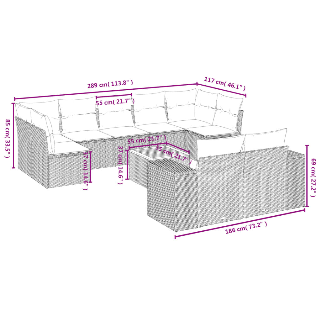 Set Divano da Giardino 10 pz con Cuscini Beige in Polyrattan 3257927