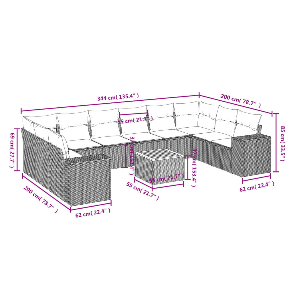 Set Divani da Giardino 11 pz con Cuscini in Polyrattan Grigiocod mxl 90816