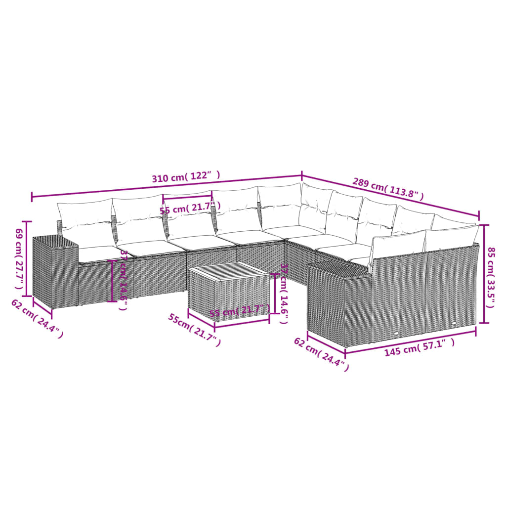 Set Divani da Giardino 11 pz con Cuscini in Polyrattan Grigio 3257971