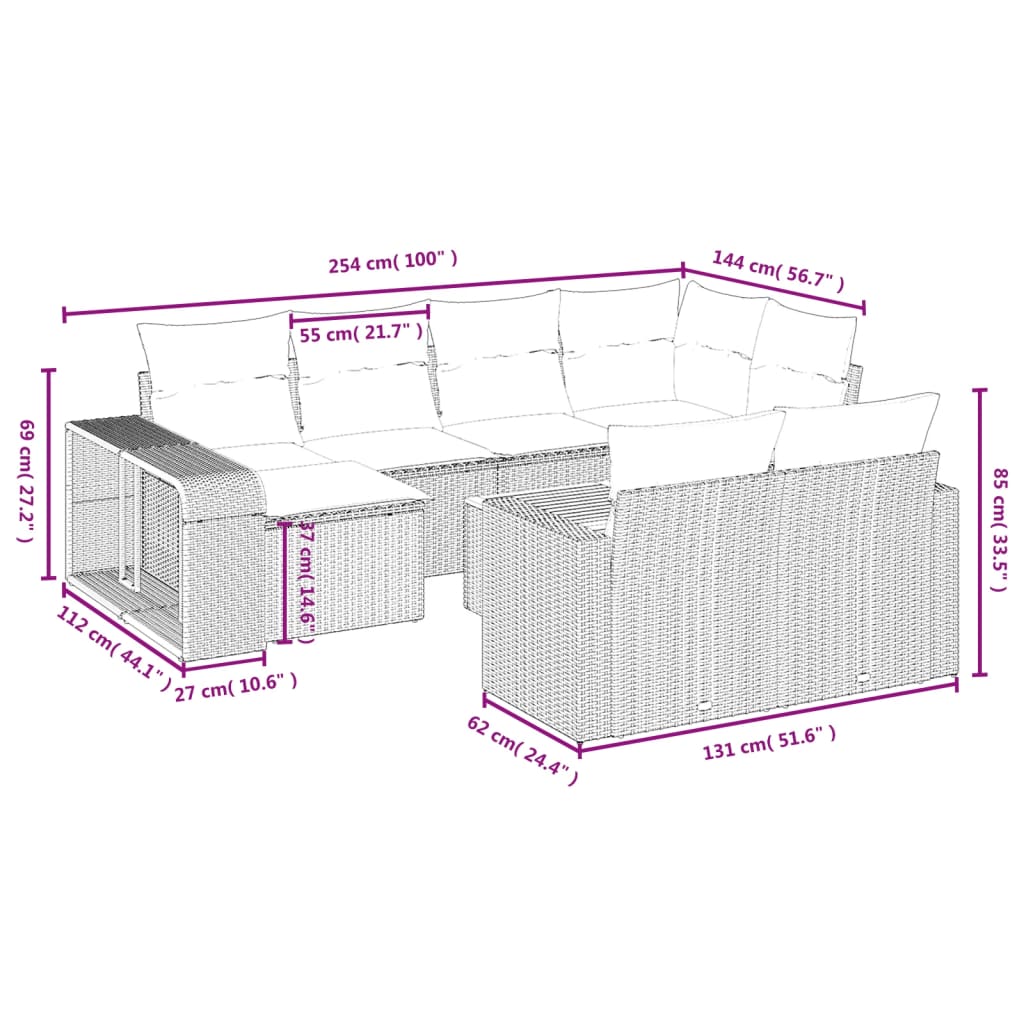 Set Divani da Giardino 11 pz con Cuscini in Polyrattan Grigiocod mxl 113320