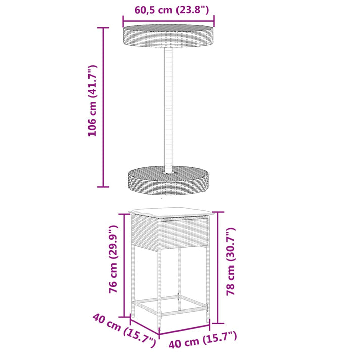 Set Bar da Giardino 3pz con Cuscini Grigio in Polyrattan 3261442