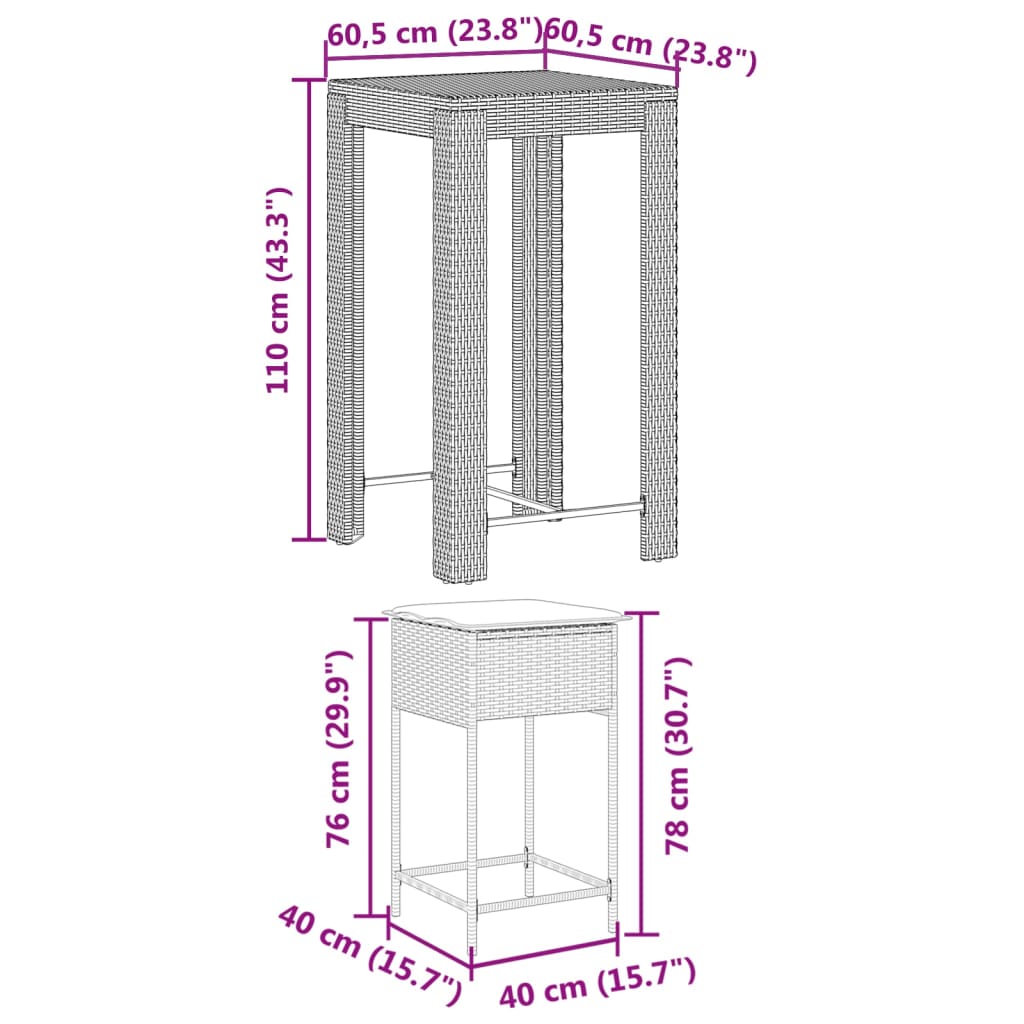 Set Bar da Giardino 3pz con Cuscini Grigio in Polyrattan 3261450