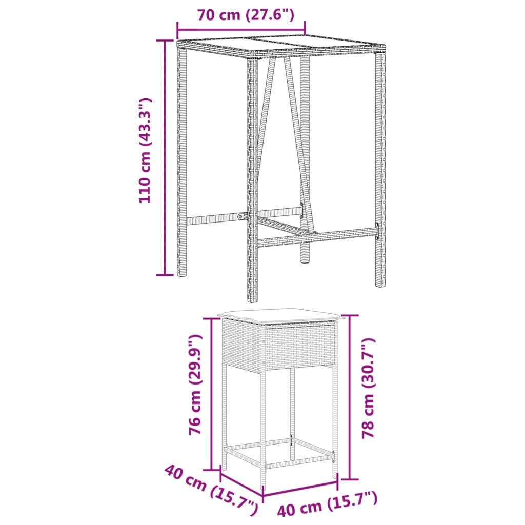 Set Bar da Giardino 3pz con Cuscini Grigio in Polyrattan 3261462