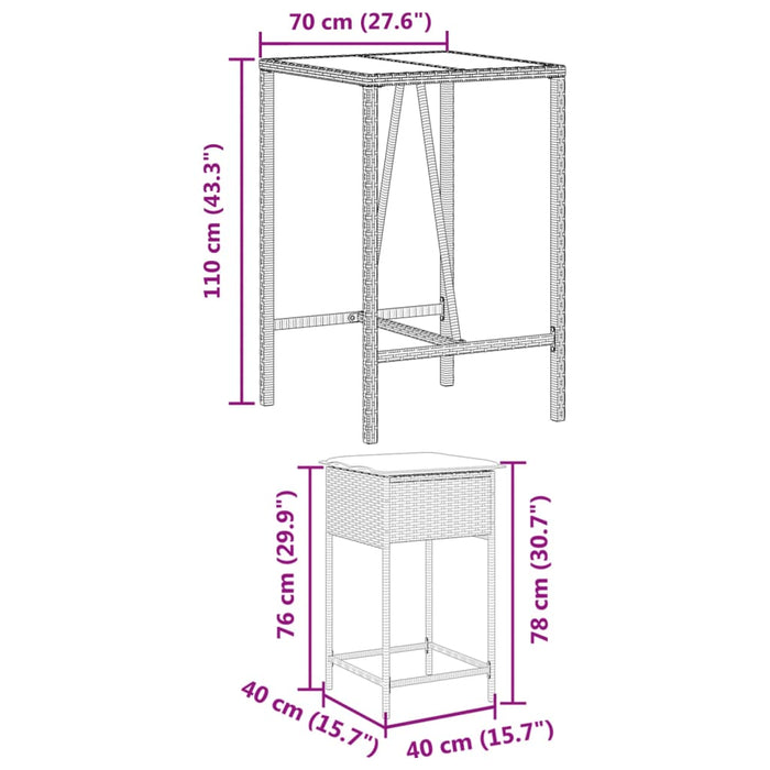 Set Bar da Giardino 3pz con Cuscini Grigio in Polyrattan 3261462