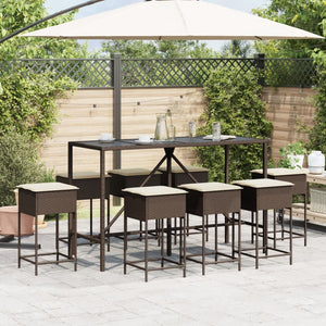 Set Bar da Giardino 9 pz con Cuscini in Polyrattan Marrone 3261471