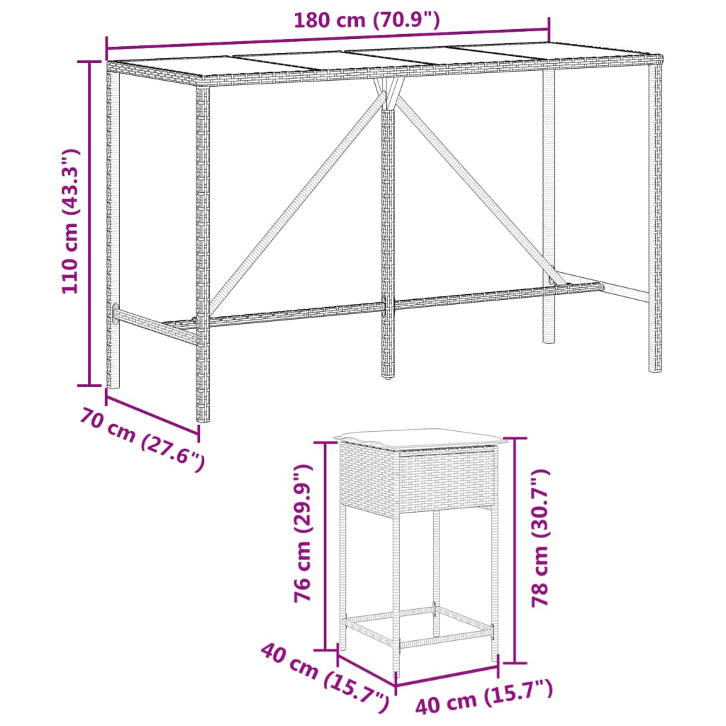 Set Bar da Giardino 9 pz con Cuscini in Polyrattan Marrone 3261471