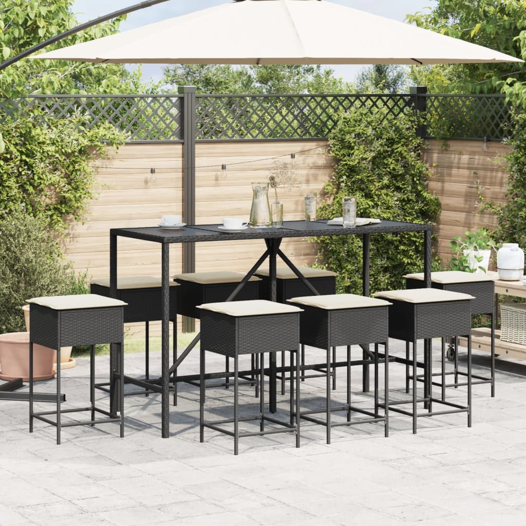 Set Bar da Giardino 9 pz con Cuscini in Polyrattan Nero 3261473