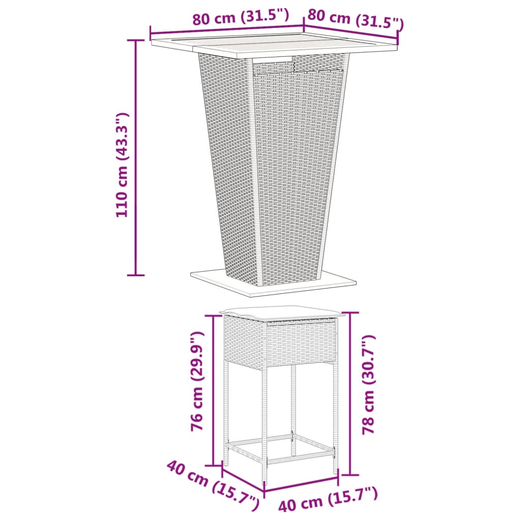 Set Bar da Giardino 3pz con Cuscini Grigio in Polyrattan 3261482