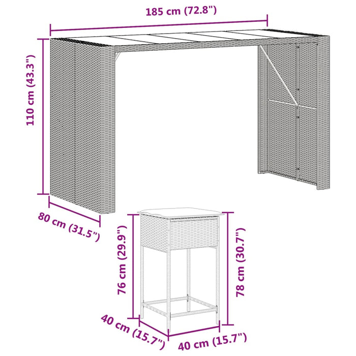 Set Bar da Giardino 9 pz con Cuscini in Polyrattan Nero 3261513