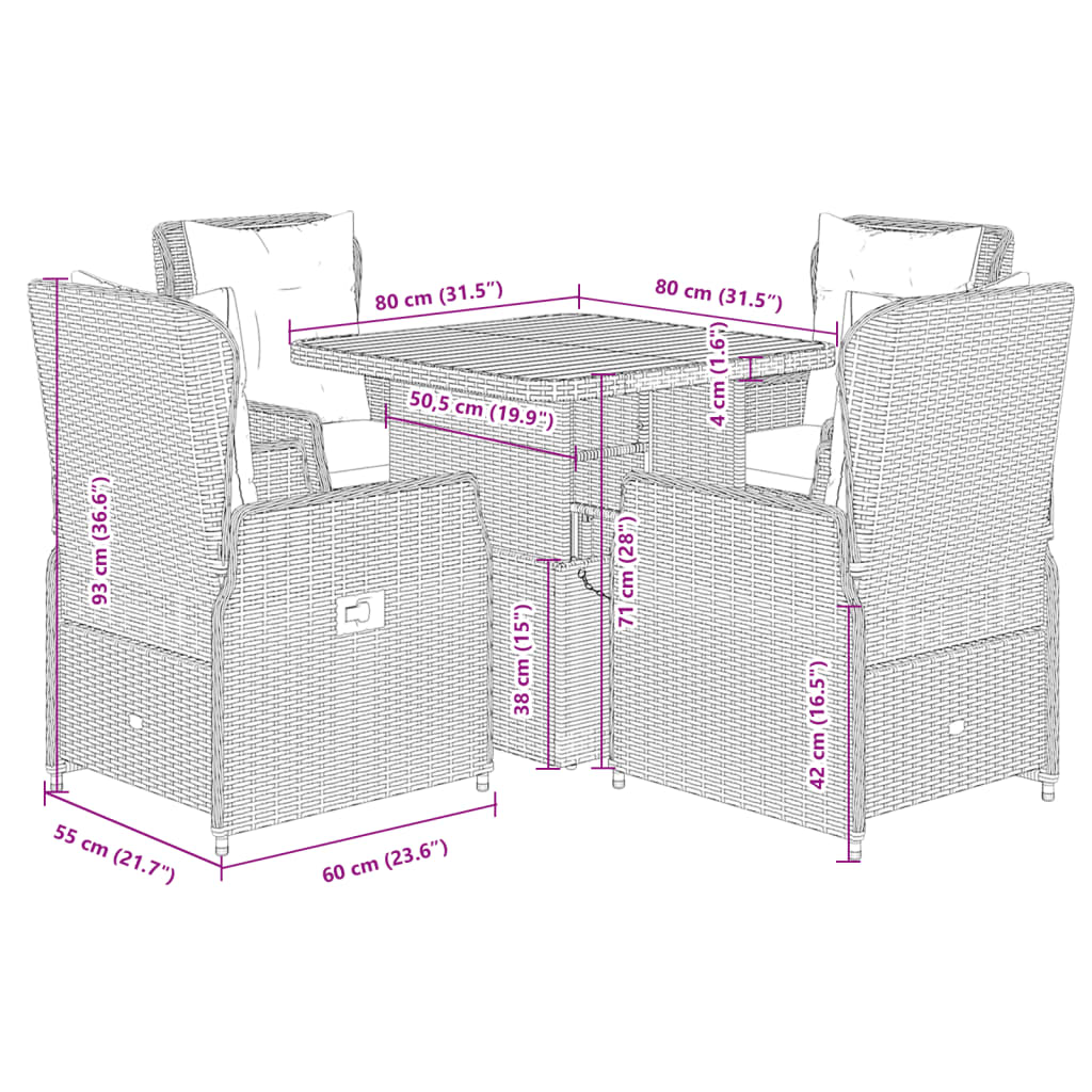 Set da Pranzo da Giardino 5 pz Nero con Cuscini in Polyrattan 3262766