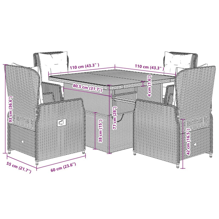 Set da Pranzo da Giardino 5 pz con Cuscini in Polyrattan Grigio 3262770