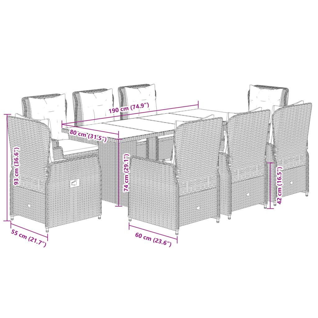 Set da Pranzo da Giardino 9 pz con Cuscini Beige in Polyrattan 3262794