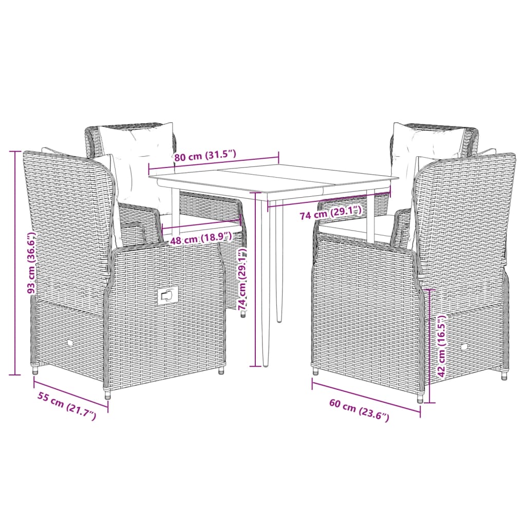 Set da Pranzo da Giardino 5 pz Nero con Cuscini in Polyrattan 3262827