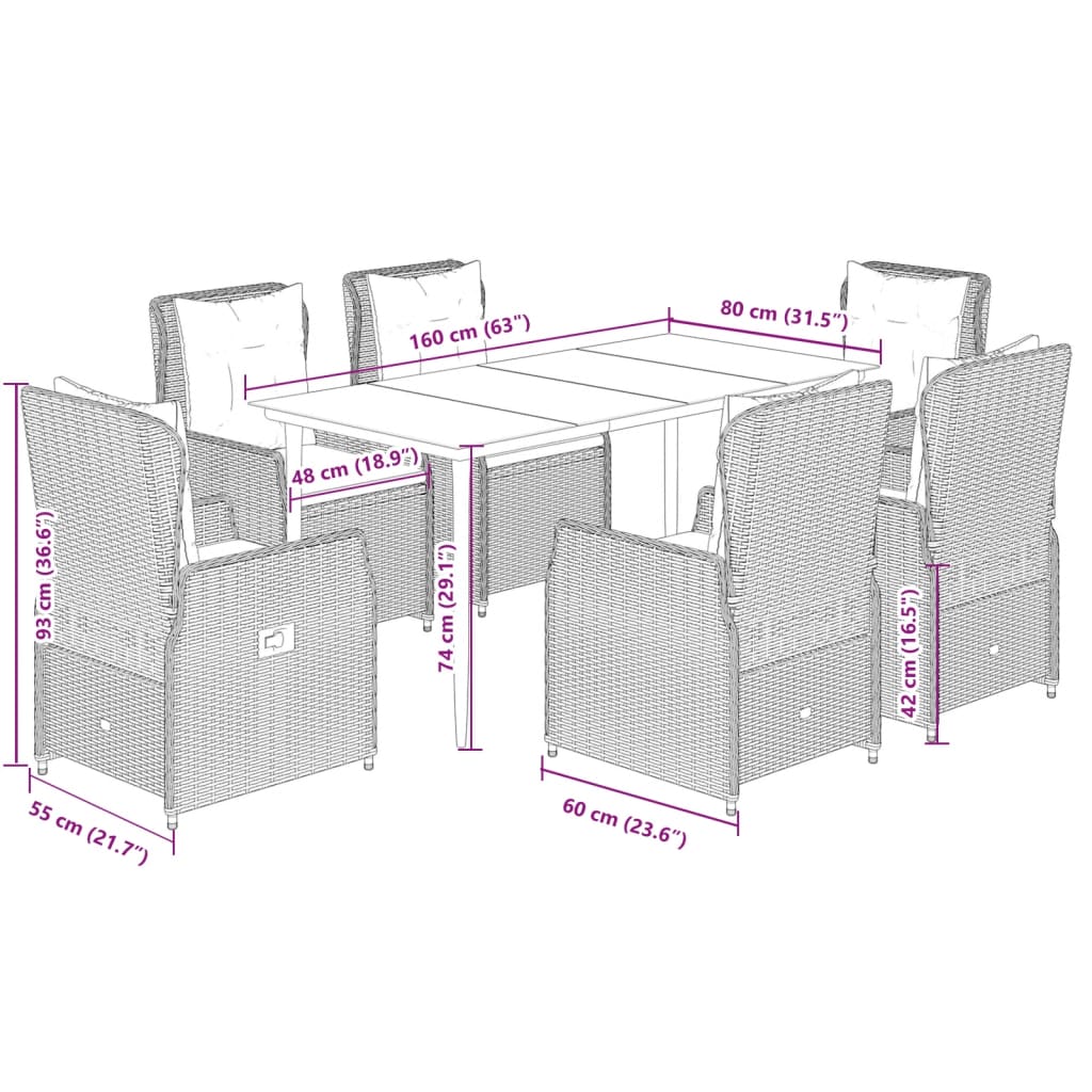 Set da Pranzo da Giardino 7 pz Nero con Cuscini in Polyrattan 3262830