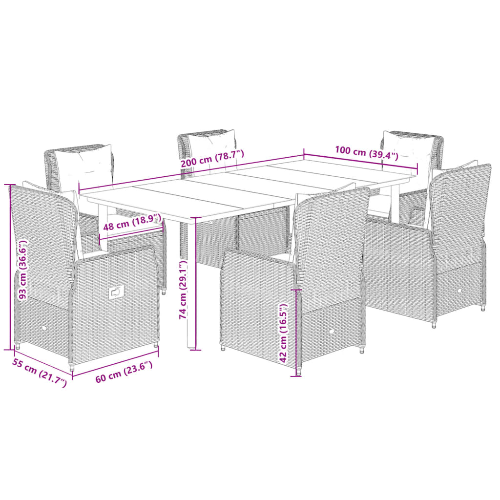 Set da Pranzo da Giardino 7 pz Nero con Cuscini in Polyrattan 3262838