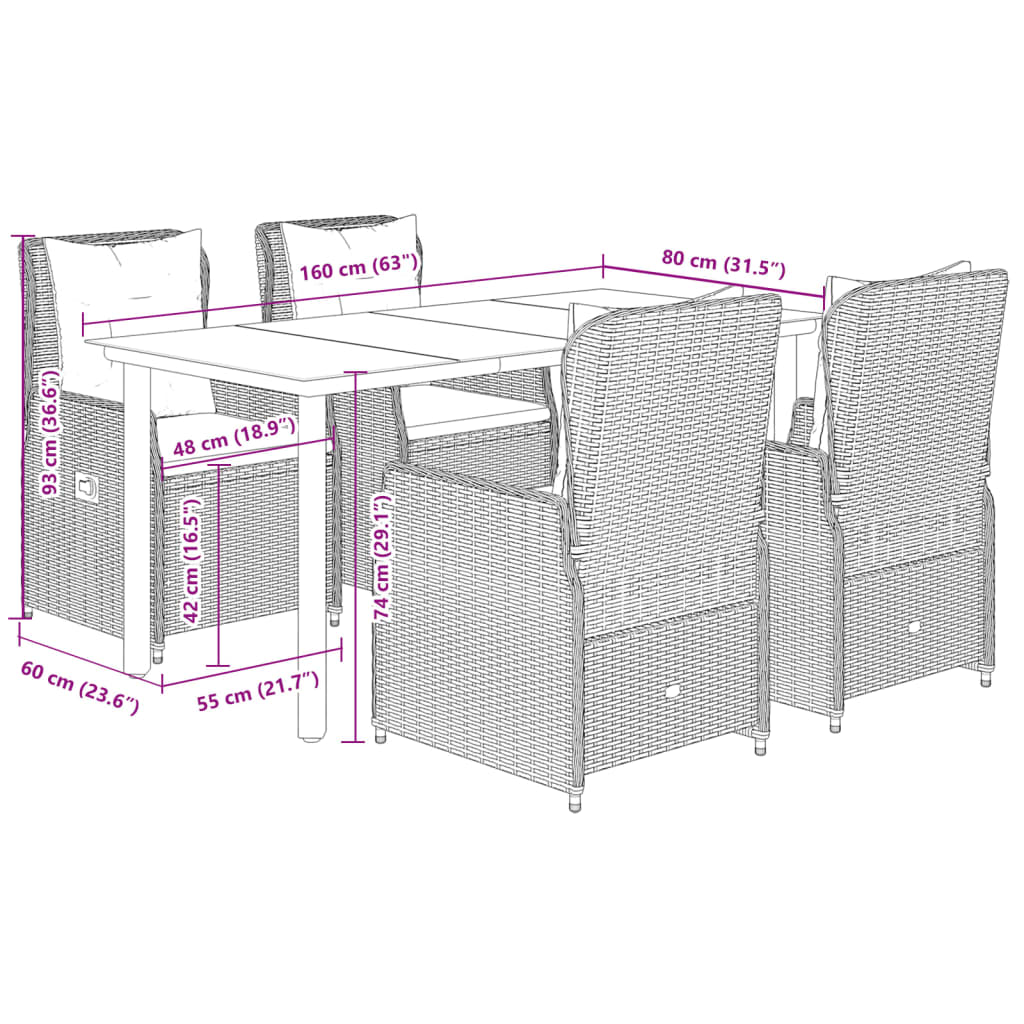 Set da Pranzo da Giardino 5 pz con Cuscini in Polyrattan Grigio 3262864