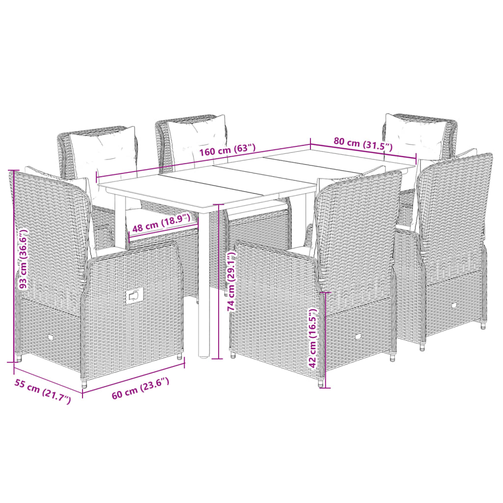 Set da Pranzo da Giardino 7 pz con Cuscini in Polyrattan Grigio 3262865