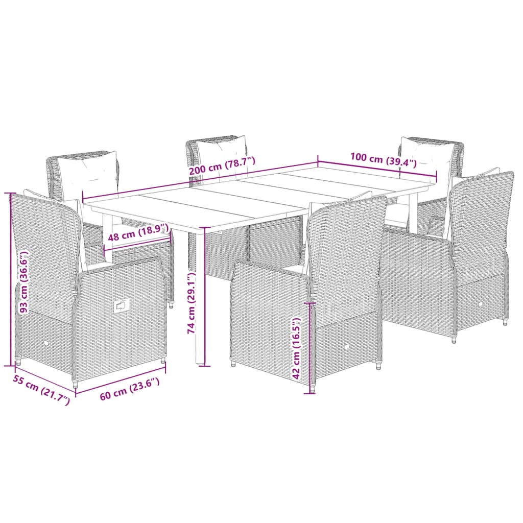 Set da Pranzo da Giardino 7 pz Cuscini Polyrattan Grigio Chiaro 3262908