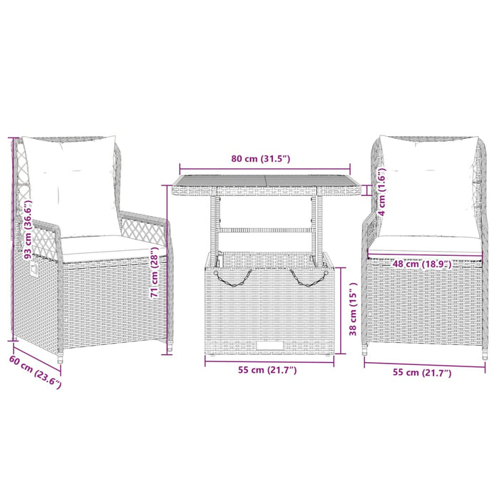 Set da Pranzo da Giardino 3 pz con Cuscini Nero in Polyrattan 3262910