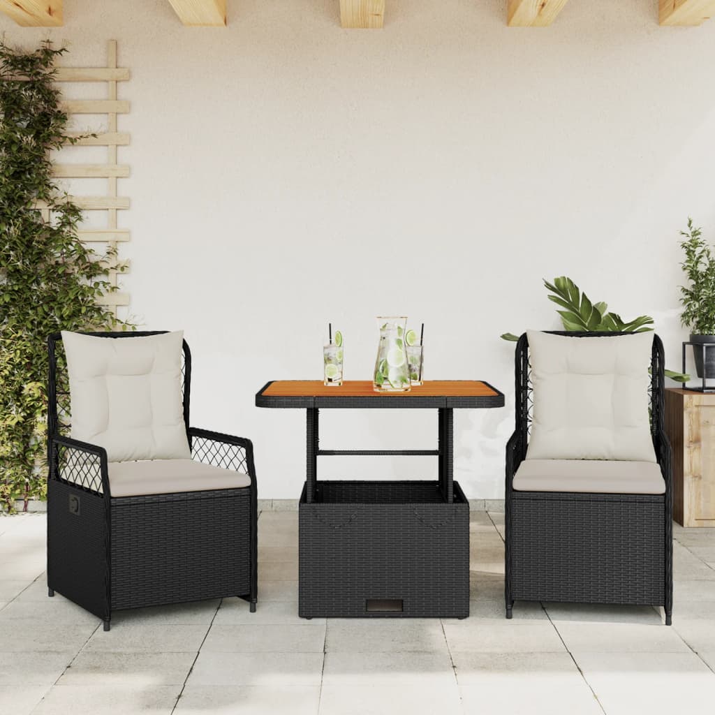 Set da Pranzo da Giardino 3 pz con Cuscini Nero in Polyrattancod mxl 117150