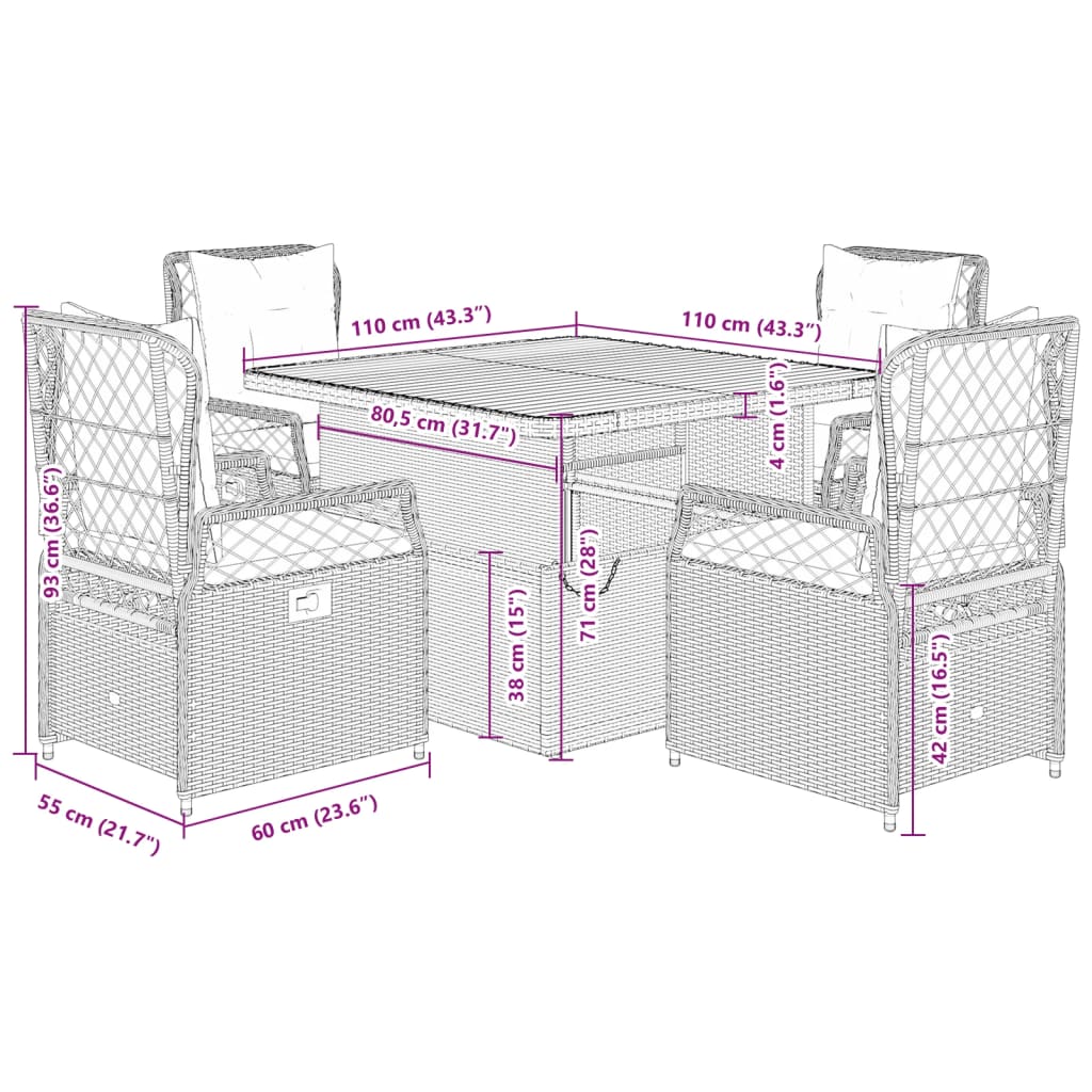 Set da Pranzo da Giardino 5 pz Nero con Cuscini in Polyrattan 3262912