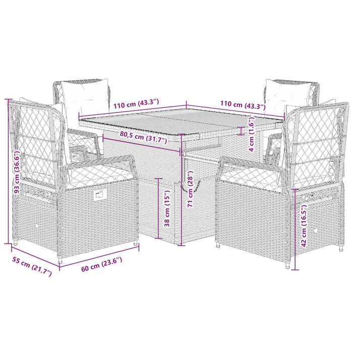 Set da Pranzo da Giardino 5 pz Nero con Cuscini in Polyrattan 3262912