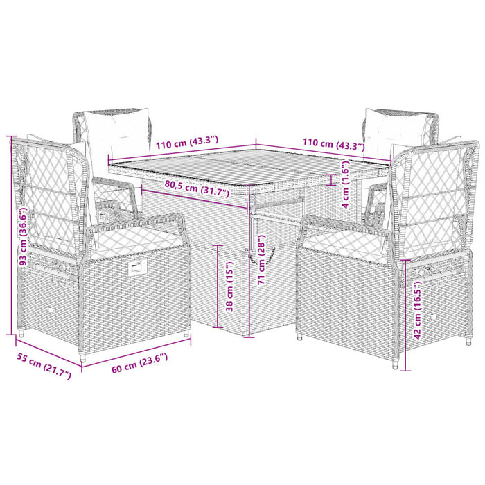 Set da Pranzo da Giardino 5 pz con Cuscini Beige in Polyrattan 3262921