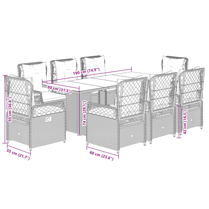 Set da Pranzo da Giardino 9 pz con Cuscini in Polyrattan Grigio 3262929