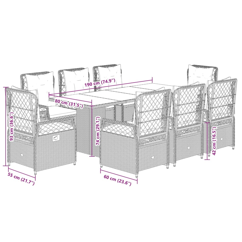 Set da Pranzo da Giardino 9 pz con Cuscini in Polyrattan Grigio 3262931