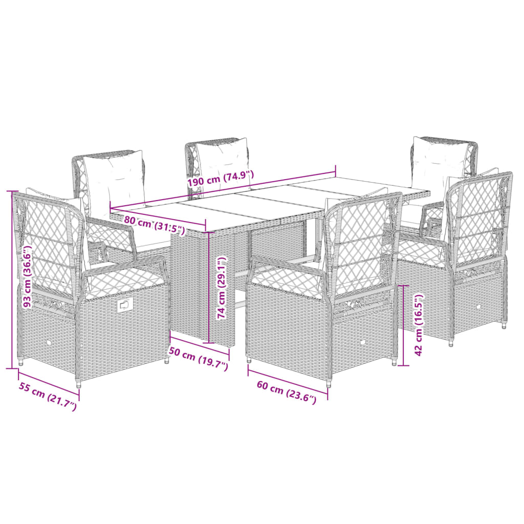 Set da Pranzo da Giardino 7 pz con Cuscini Beige in Polyrattan 3262932