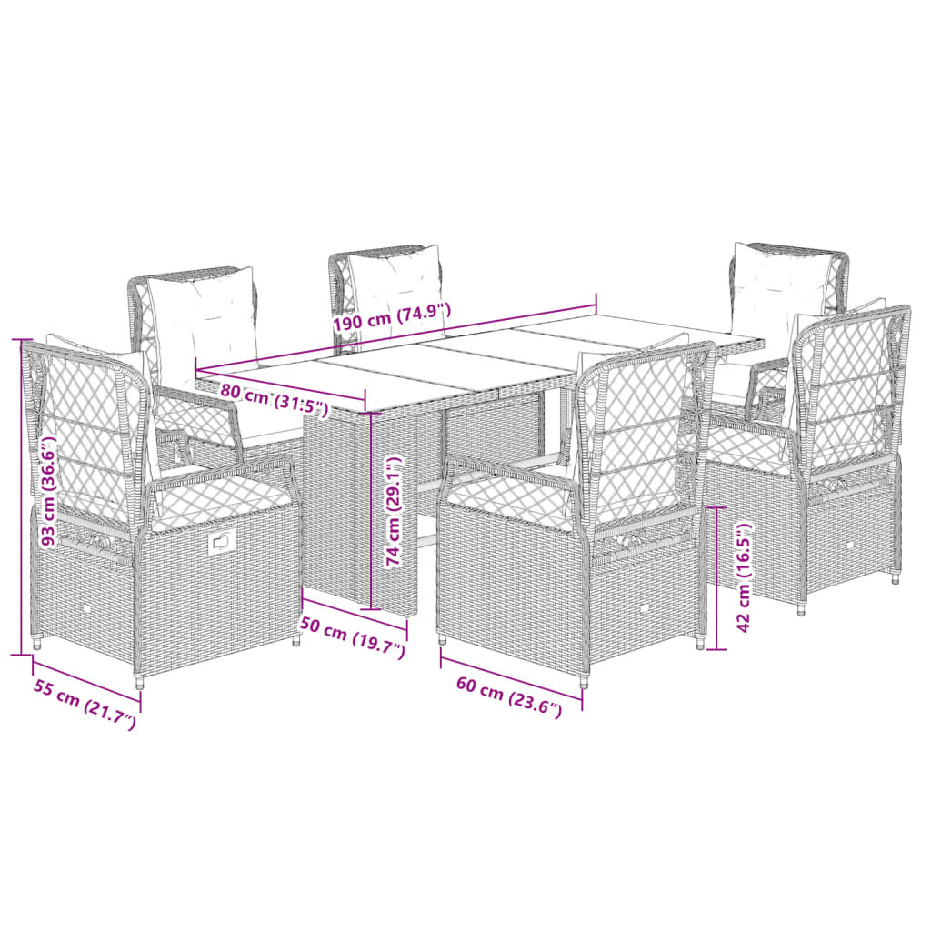 Set da Pranzo da Giardino 7 pz con Cuscini Beige in Polyrattan 3262936