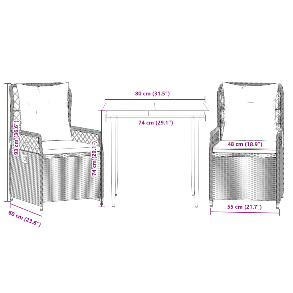 Set da Pranzo da Giardino 3 pz con Cuscini Nero in Polyrattan 3262957