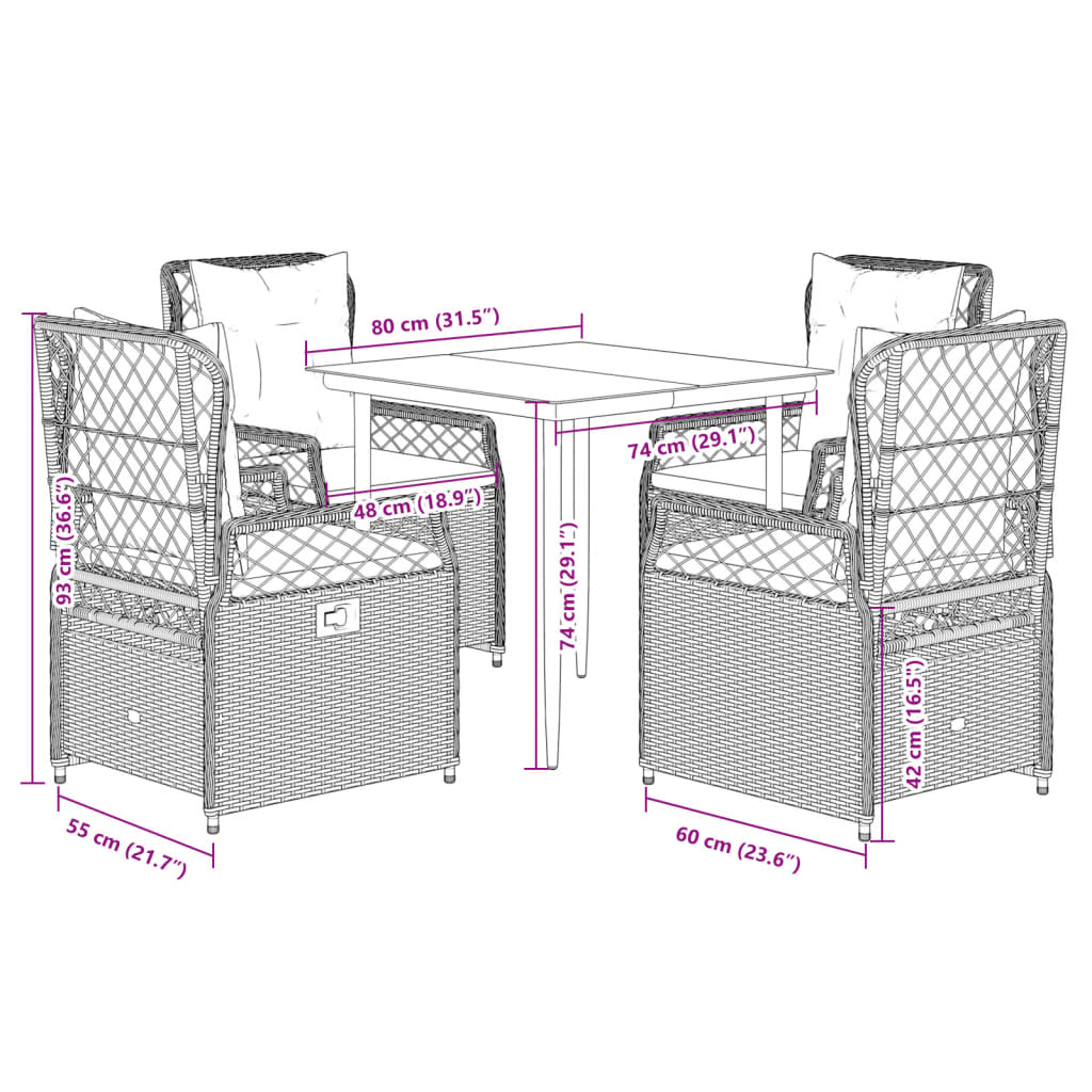 Set da Pranzo da Giardino 5 pz Nero con Cuscini in Polyrattan 3262958