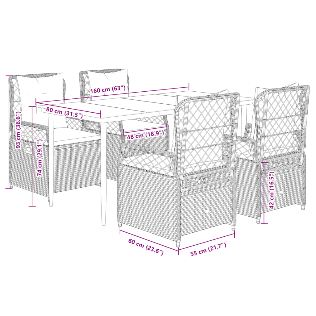 Set da Pranzo da Giardino 5 pz Nero con Cuscini in Polyrattan 3262960